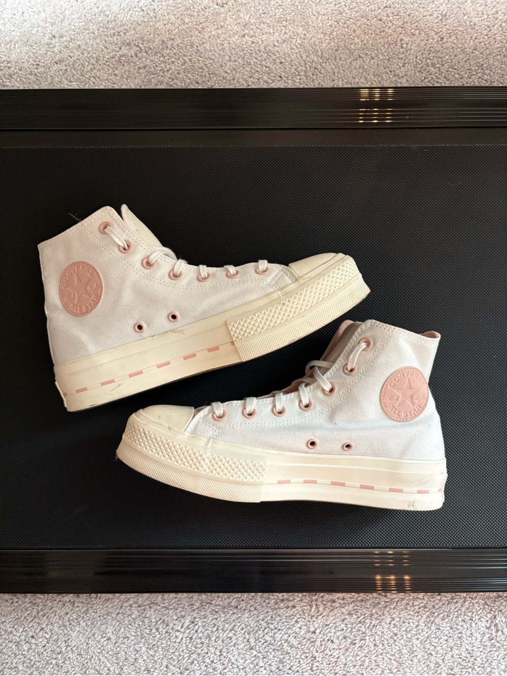 Converse High Top Platform Canvas Sneakers in Cream with Pink Accents